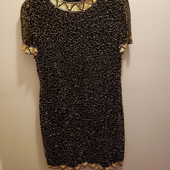 Vintage AJ Bari Beaded Sequin Silk Midi Dress Vintage Size 14 Black Gold - Picture 1 of 9
